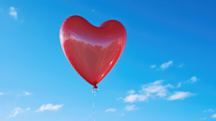 Fototapeta premium Red Heart Balloon Floating Against Clear Blue Sky with White Clouds. Symbolizing love, joy, love and celebrations. Valentine's Day. Wedding Anniversary. World Balloon Day. 