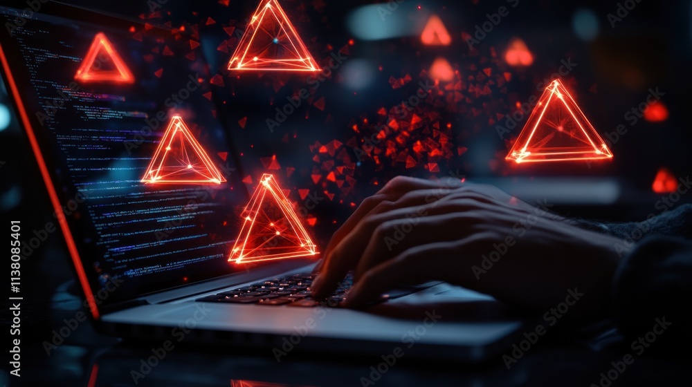 Poster hacker typing on laptop with red triangle warnings.