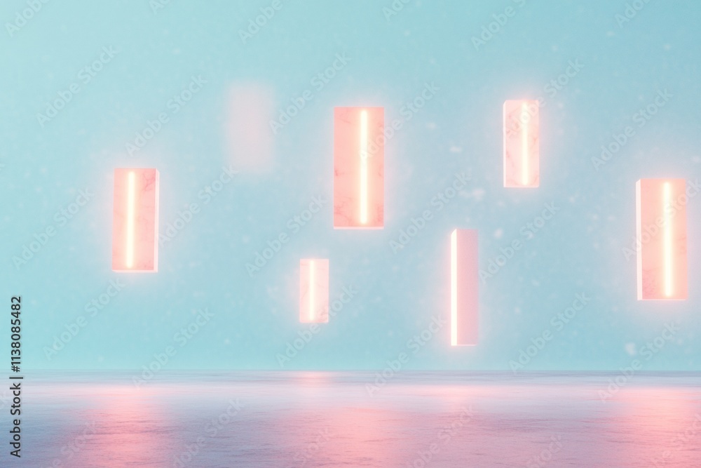 Poster luminous floating shapes in calm pastel environment representing digital education and data flow