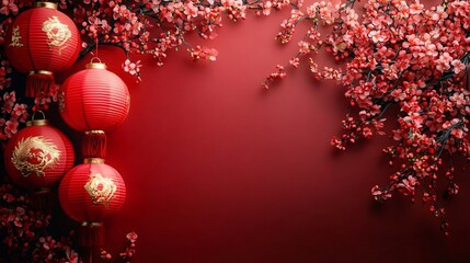 Fototapeta premium Vibrant red lanterns and cherry blossoms create a stunning backdrop for Chinese New Year celebrations, ideal for invitations, posters, and cultural event promotions.