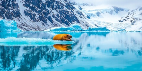 Arctic Walrus Resting on Ice Floe Glacial Landscape