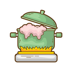 Green pot boiling on burner, lid ajar. Suitable for cooking, recipe blogs, kitchen themed designs, food magazines, and household articles
