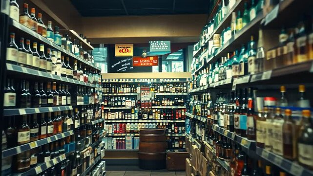 Liquor Store Aisle: A glimpse down the rows of a well-stocked liquor store, showcasing a diverse selection of bottles, with a wooden barrel adding a touch of rustic charm.  