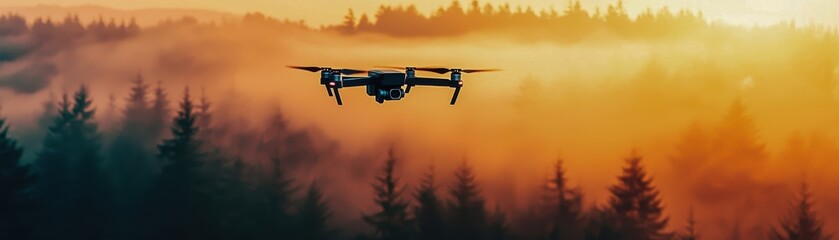 Aerial technology, A drone flying over a misty forest during sunset, capturing stunning aerial views of nature.