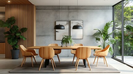 Fototapeta premium Modern Wooden Dining Area with Concrete Walls and Large Windows