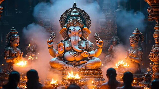 Families and communities performing aarti (devotional songs and rituals) in front of Ganesha idol.