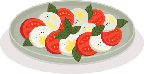 Classic Italian salad Caprese with mozzarella, tomato and basil leaves. Hand drawn illustration with national dish on a plate