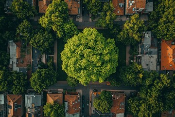 An aerial view of an urban park with trees and houses, featuring a large tree in the center surrounded by residential areas. 