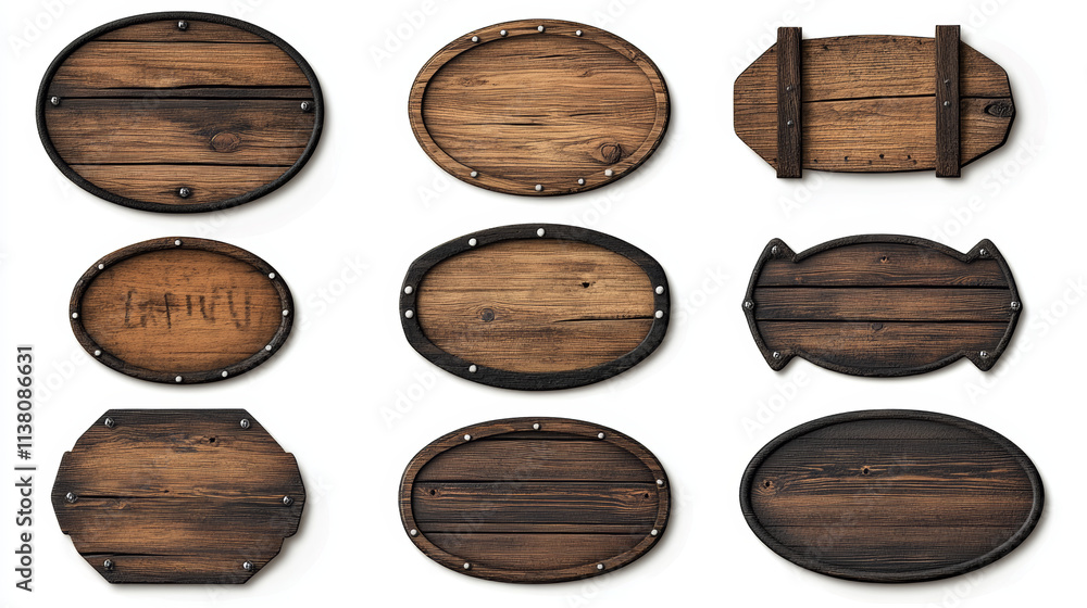 Poster wood texture game sign board vector realistic banner set. isolated rustic farm ui icon interface des