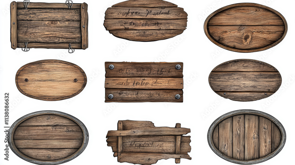 Poster wood texture game sign board vector realistic banner set. isolated rustic farm ui icon interface des