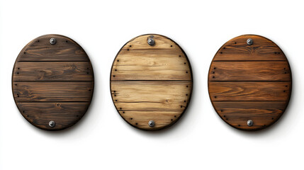 Wood texture game sign board vector realistic banner set. Isolated rustic farm ui icon interface design. Empty signboard plaque template with nail, collection for menu or message. Brown oval signage
