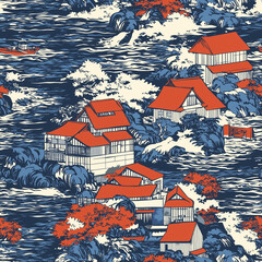 Naklejka premium Seamless pattern of traditional chinese architecture celebrating lunar new year serene landscape digital artwork vibrant colors