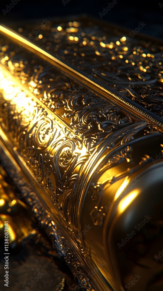 Poster a close-up of an intricately designed golden object with ornate patterns.