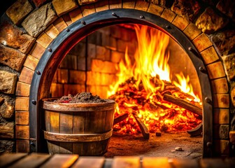 Rustic Wood-Fired Oven: Upcycled Oil Barrel, Close-Up Detail, Outdoor Cooking,  Smoky Ambiance,  Countryside Kitchen