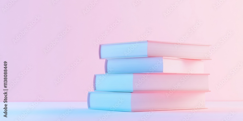 Poster glowing stack of books in pastel-hued minimalist setting