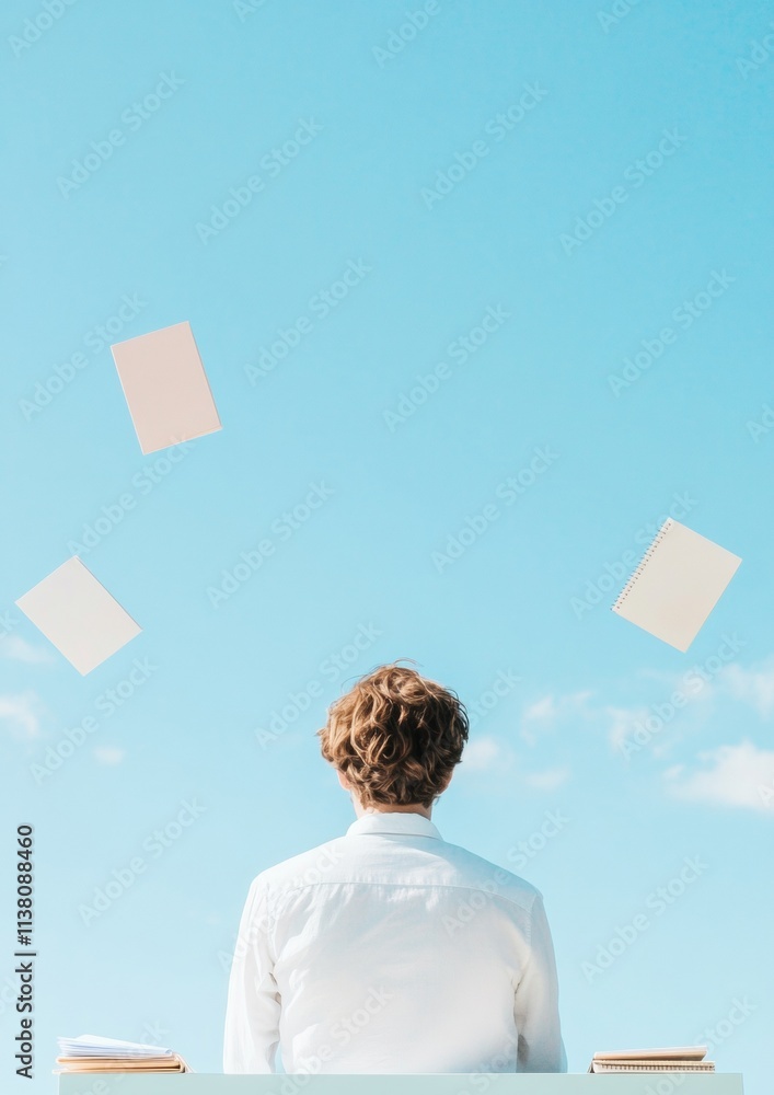 Poster surreal study session minimalist academic introspection under a clear sky