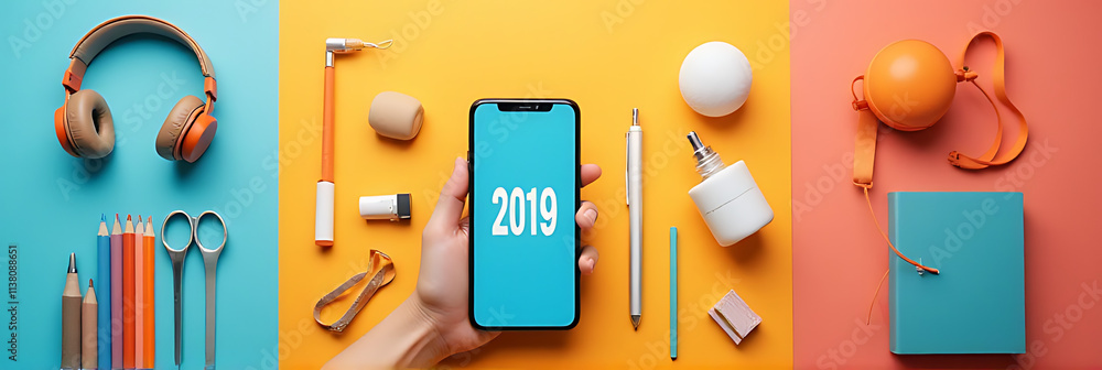 Poster a flat lay design featuring various 2019 concepts with a smartphone and modern accessories on a colo