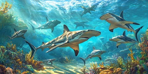 Fototapeta premium Majestic Hammerhead Sharks Underwater Scene Coral Reef Ocean Life Wildlife