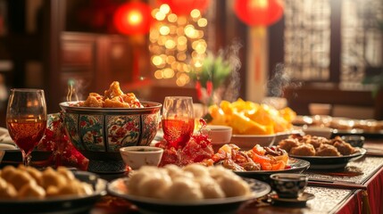 Festive table served for Chinese New Year celebration in dining room