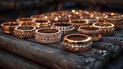 wedding rings are sitting on a white bench, rendered in unreal engine, gold