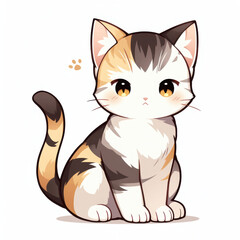 Obraz premium An adorable cartoon calico cat with large eyes, sitting calmly and featuring a mix of orange, black, and white fur.