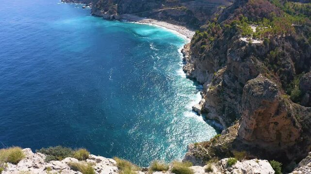 Aerial view of the wonderful Cala del Moraig and Cala de los Tiestos, located between the beautiful cliffs of the town of Benitachell, in the Mediterranean province of Alicante, Spain.