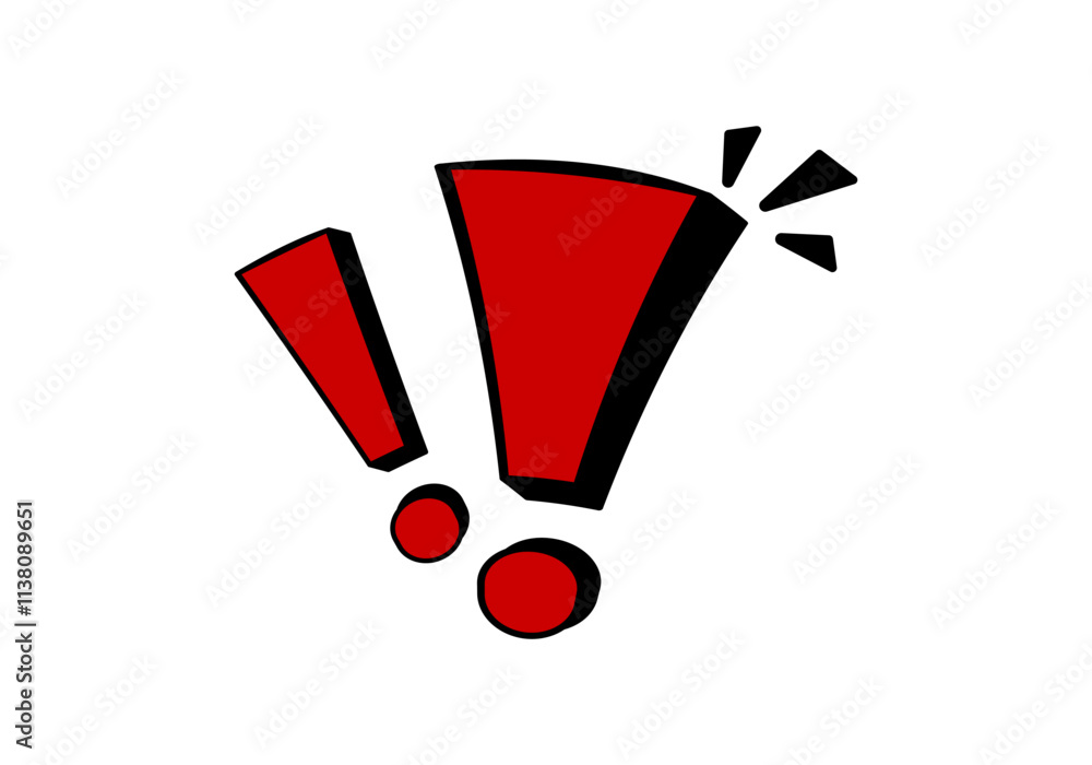 Poster bright red exclamation marks with dynamic motion lines, conveying urgency and attention.
