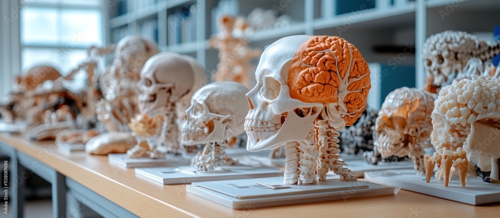 Poster anatomical skull models with brain displayed on a table.