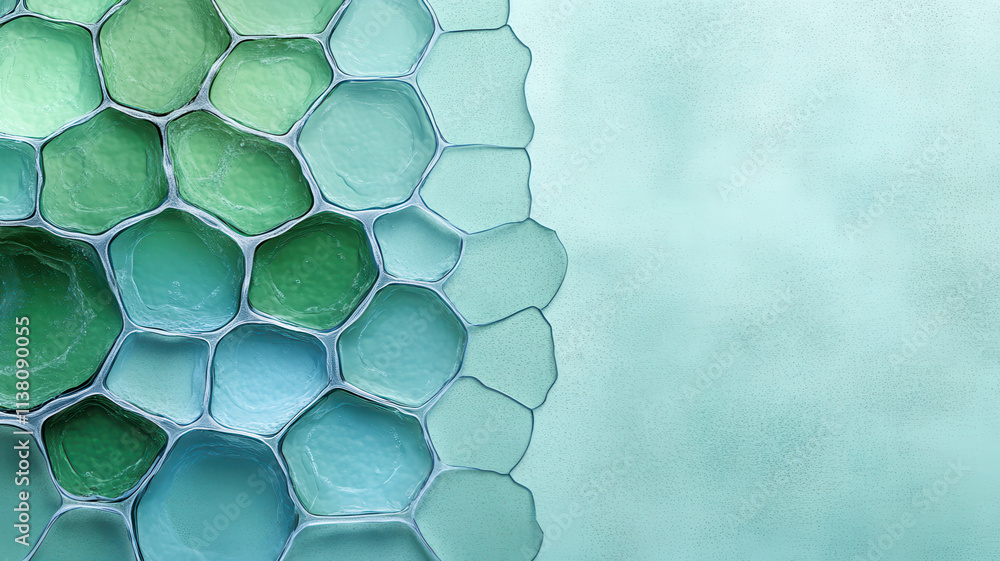 Poster a close-up of a textured, hexagonal pattern in soothing green and blue hues, blending seamlessly int