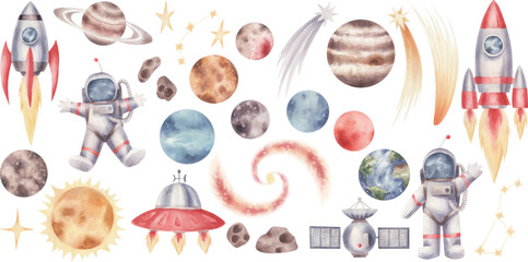 Watercolor vector set of space icons. Solar sistem objects and rockets and astronauts. Set illustrations on the space theme. © Aleksandra Baianova