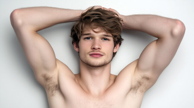 shirtless young handome male athletic build relaxed natural confident minimal lifestyle portrait clean fashion modeling