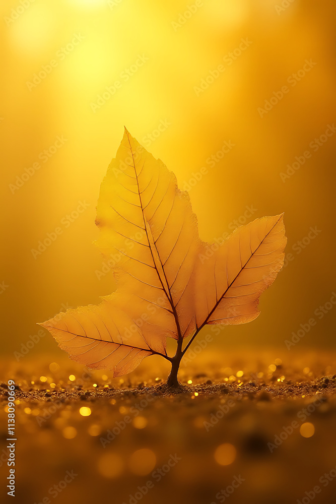 Poster a delicate golden light illuminates a single abstract tree leaf on its surrounding richly textured g