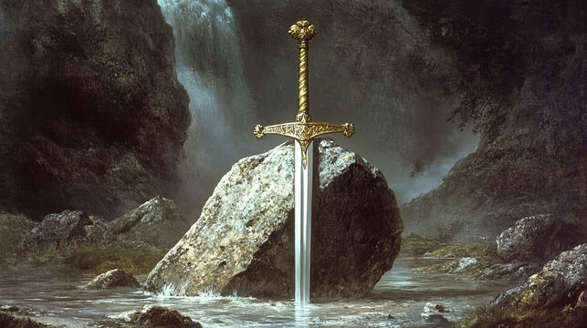 A vintage style illustration of  Excalibur the sword in the stone from the Arthurian legends