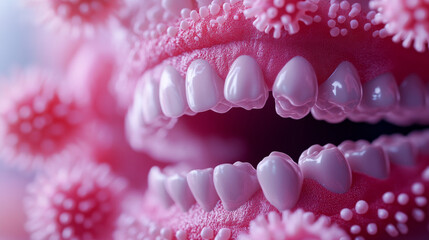 Microscopic bacteria tooth concept of a tooth with a magnifying glass showing microscopic bacteria or viruses
