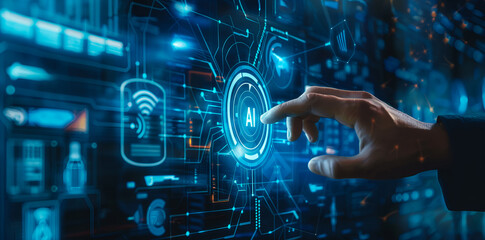 A human hand with an artificial intelligence chip with technical overlays, symbolizing the modern future and human control over AI development