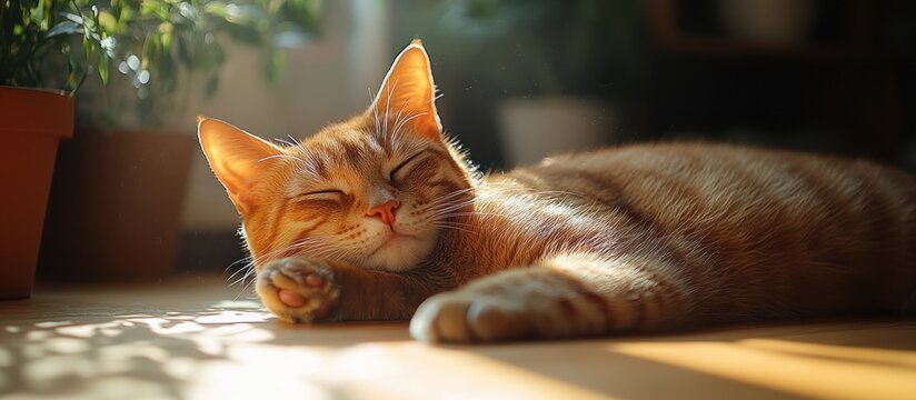 Ginger cat sleeping peacefully in sunbeam.