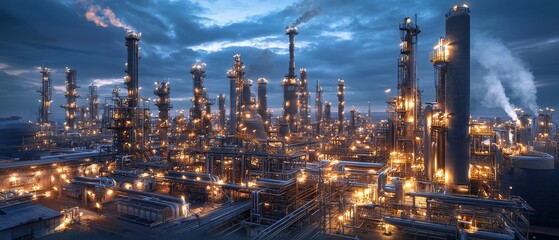 Fototapeta premium Industrial power plant operations at dusk urban landscape high-resolution photography atmospheric viewpoint energy production concept