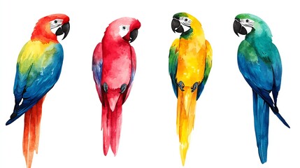 Fototapeta premium A vibrant watercolor illustration of four colorful parrots, showcasing a variety of hues and distinct features.