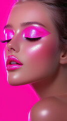 Obraz premium vibrant pink makeup bold eyeshadow beauty young elegant model modern creative luxury cosmetics glowing confident portrait vertical format