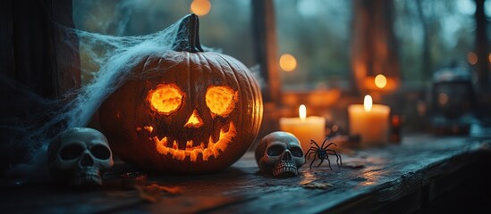 Fototapeta premium Lit Jack-o'-lantern with skulls, spider, candles, and cobwebs on a rustic wooden surface.