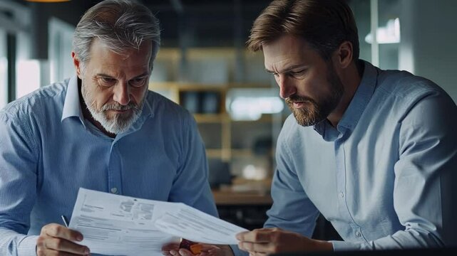 Mentorship and Collaboration: An experienced businessman guides a younger colleague through a document, fostering a spirit of collaboration and knowledge transfer in a modern office setting.  