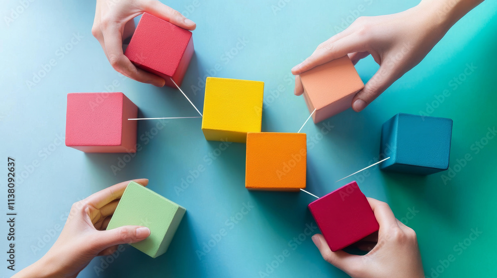 Fototapete conceptual piece. business people building with blocks representing an organisation. main image on s