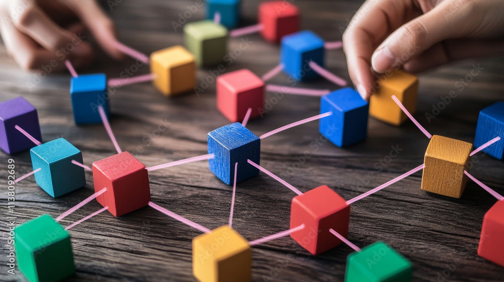 Fototapete conceptual piece. business people building with blocks representing an organisation. main image on s