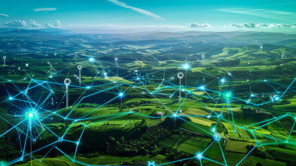 A landscape of a wind farm with digital connections, symbolizing green energy and sustainability, with a futuristic tech grid in the foreground.
