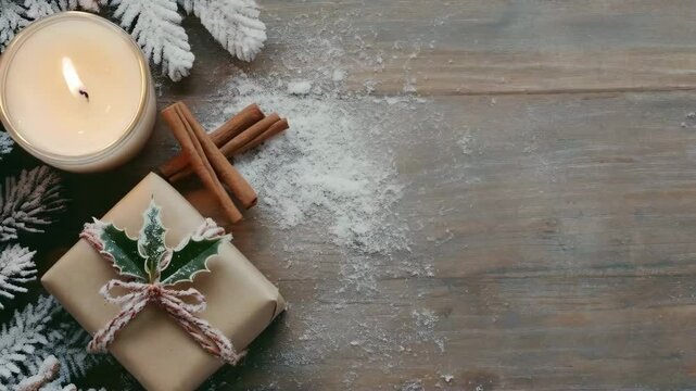Christmas gift with candle, cinnamon sticks, and snowy fir branches on wooden background, holiday footage.