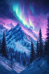 Beautiful northern lights over snow-covered mountains with forest trees