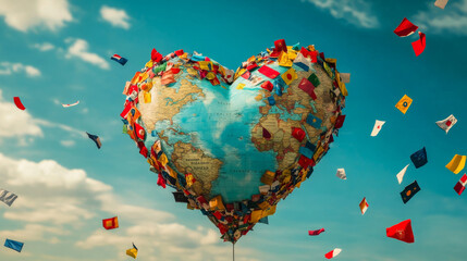 An illustration of a heart shaped world earth globe with the flags of many different countries flying around it. 