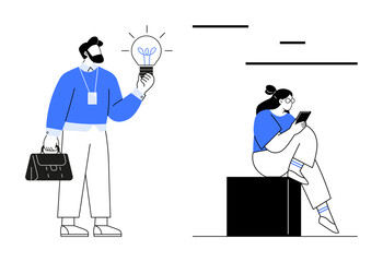 Business professional holding light bulb symbolizing idea woman sitting on block using tablet. Ideal for innovation, technology, teamwork, brainstorming, business growth, remote work, digital