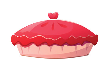 Charming vector cartoon isolated illustration, cake with pink frosting, heart decorations, lit candle. Birthday, wedding, or romantic Valentine's Day pie design