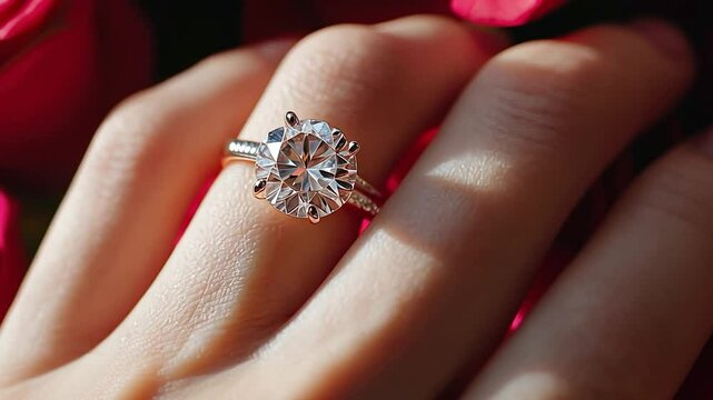 Forever in Bloom: A dazzling diamond engagement ring, showcasing its brilliance against a backdrop of velvety red roses.  A symbol of enduring love and commitment.